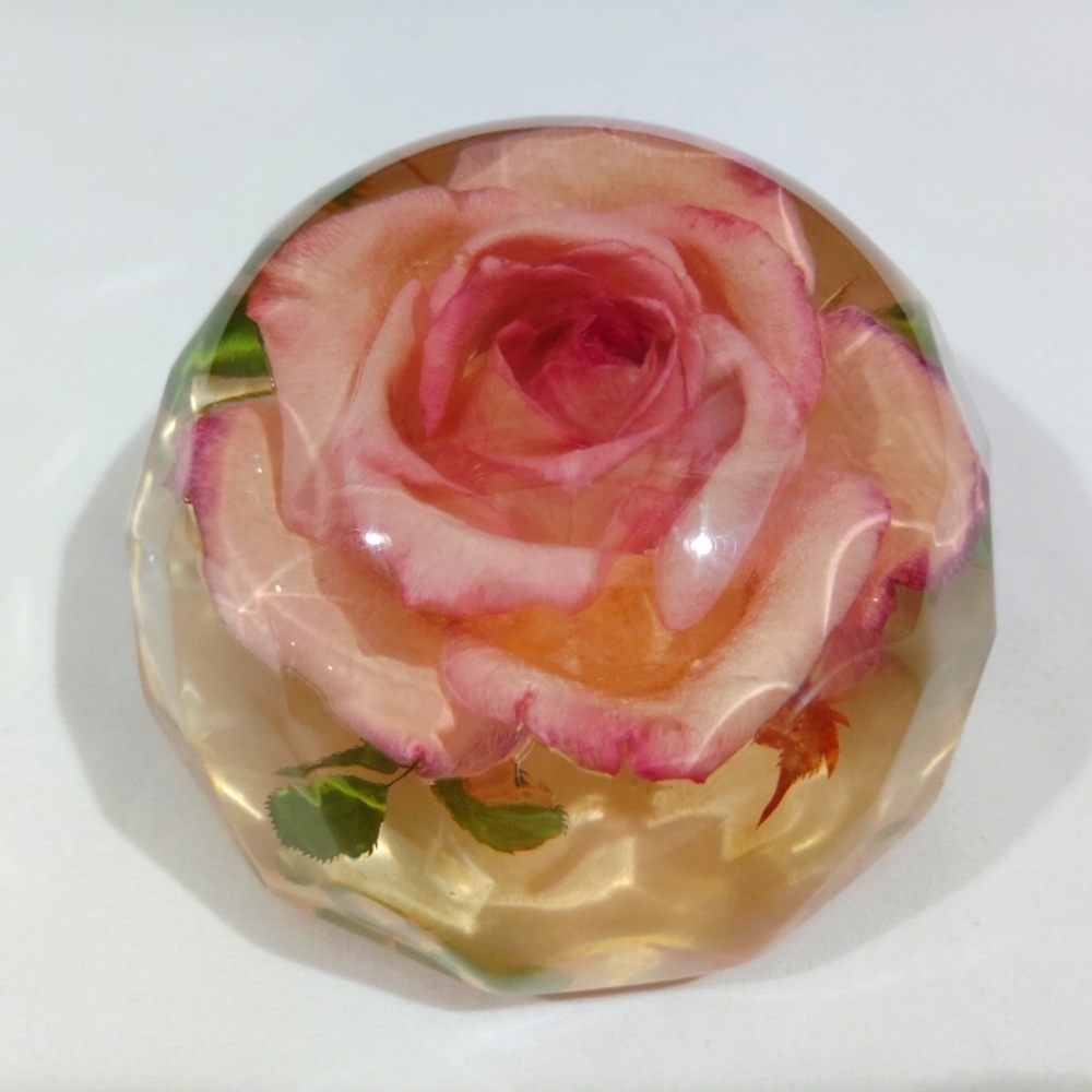 Vintage Rolfe Signed Rose Paperweight Real Flower Preserved Lucite Acrylic Facet - Picture 4 of 15